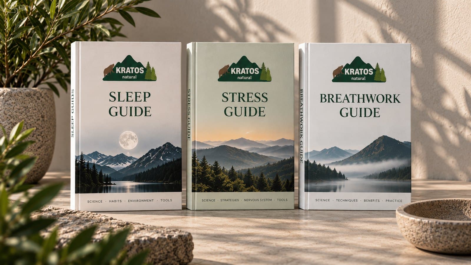 Three hardback guides stand side by side against a pale wall, on sleep, stress and breathwork, each cover carrying a mountain landscape, with an olive branch beside them