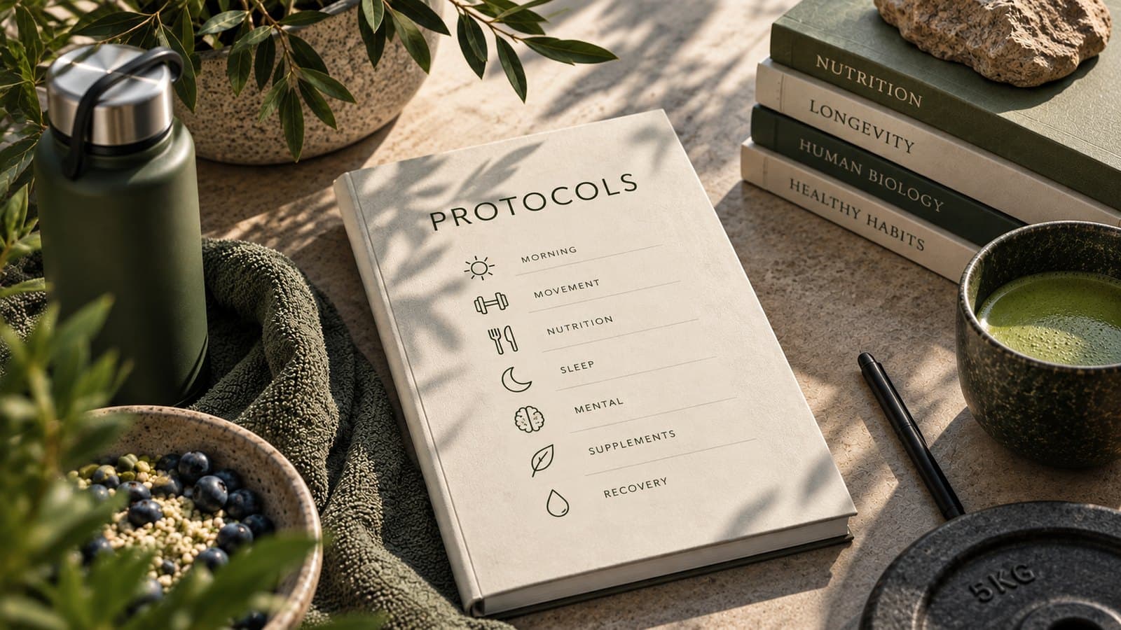 A book with Protocols on the cover lies on a stone table, listing morning, movement, nutrition, sleep, mental, supplements and recovery, among a flask, books and a bowl of blueberries